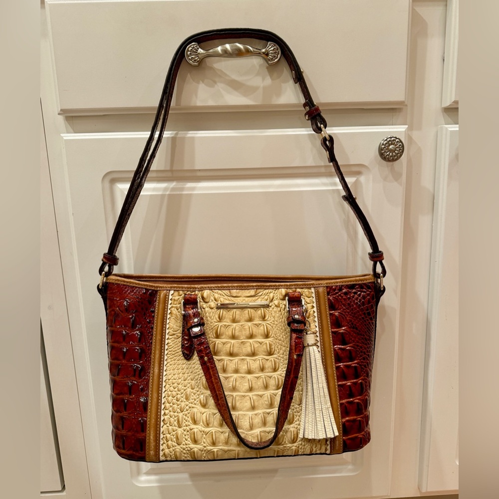 Size is 13”W x 8 1/2”H 
Brown and tan colors 
Inside and out no stains.